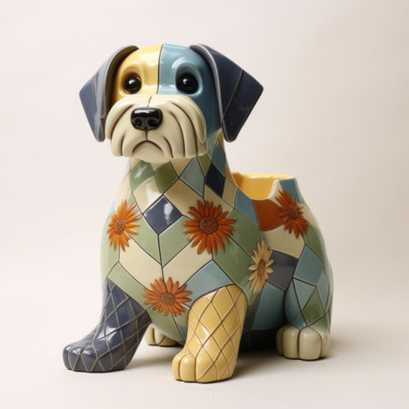 terracotta dog planter featuring ash and yellow clay, designed in the whimsical style of neo-mosaic. the dark navy and light aquamarine colors add a vibrant touch to this piece. with its multilayered dimensions and pastoral charm, this planter showcases cubist influences. captured using a rodenstock imagon 300mm f58 lens, this photo beautifully captures the unique details of this artistic creation. ai generatedの素材