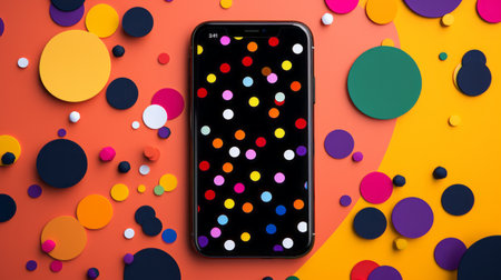 an iphone showcasing a vibrant and playful optical illusion-inspired wallpaper. the colorful confetti in the background creates a lively tableau, reminiscent of dot-painted colors and optical blending. this unique design draws inspiration from the works of arnoldo pomodoro, resulting in exaggerated scenes that are both playful and dark. ai generatedの素材