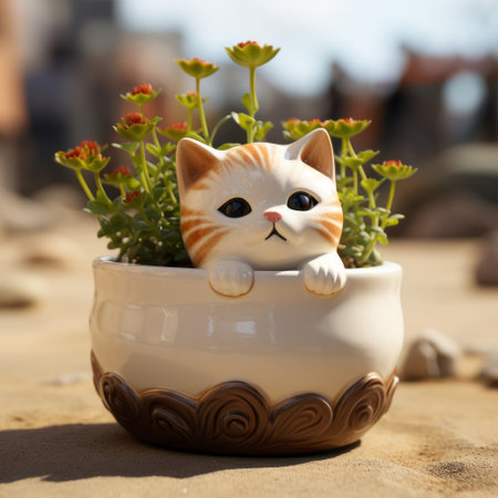 a cat sits inside a pot on sandy ground, captured in the style of unreal engine 5. this charming anime-inspired scene showcases flower power with intricate porcelain miniatures. the object portraiture specialist has meticulously crafted this 32k uhd image, bringing out the finest details in the adorable cat and its surroundings. ai generatedの素材