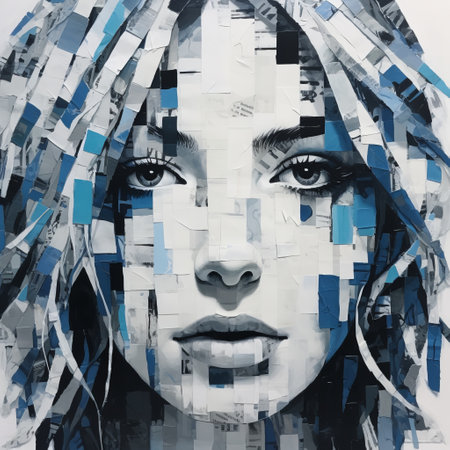 a woman wearing blue and black is depicted in this fragmented geometry painting. the artwork showcases elements of black and white art, celebrity portraits, and the paint dripping technique. created using cardboard, this piece also incorporates aspects of technological art and evokes urban emotions. ai generatedの素材
