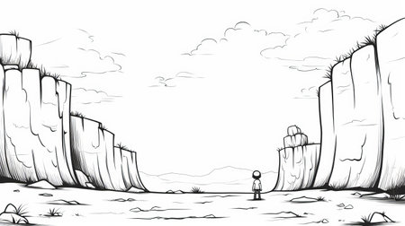 a man walks on a rocky landscape in this ink and pencil drawing, reminiscent of a playstation 5 screenshot. the artwork captures the essence of the avant-garde movement dau al set, with its cartoony and fictional landscapes. the animated gifs and calming symmetry add an intriguing touch to this unique piece. ai generatedの素材