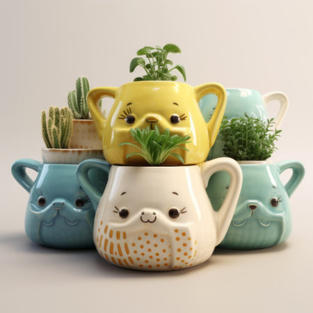 three pots featuring cactuses of various shapes are arranged on a table. the design of the pots and cactuses is inspired by expressive character design, specifically the mischievous feline motif. the color scheme consists of light yellow and light aquamarine, while the cactuses have detailed facial features. this composition draws inspiration from larme kei fashion and the artistic style of herb trimpe. ai generatedの素材