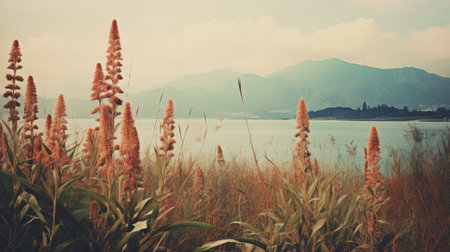 a grass-covered hill near the water, captured in soft and dreamy tones reminiscent of japanese photography. the image showcases a beautiful blend of light red and dark cyan hues. this captivating photo, found on flickr, is reminiscent of the unique style of kinuko y. craft. it also features exotic flora and fauna, evoking a sense of vintage americana. ai generatedの素材