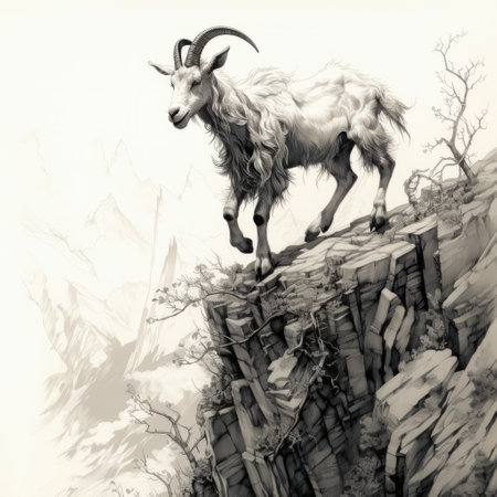 a goat stands on a cliff edge surrounded by trees in this realistic hyper-detailed rendering. the monochrome painting style enhances the inventive character designs, while the flowing brushwork and clean, sharp inking add depth to the image. this uhd image captures the beauty of the scene, reminiscent of ps1 graphics. ai generatedの素材