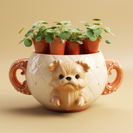 a dog-shaped pot sits on a beige colored table, showcasing a photorealistic rendering style. the intricate foliage and inventive character designs add depth to the scene. captured with a minolta hi-matic 7sii, this charming contest-winning image features ray tracing technology for enhanced realism. ai generatedの素材