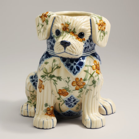 a ceramic dog with hand-painted details is showcased on a white background. the intricate floral arrangements in the style of american prints from 1880-1950 add a touch of elegance. enhanced digitally using vray, the dog features a combination of light orange and dark blue colors. the trompe l'oeil effect adds depth to this stunning piece. ai generatedの素材