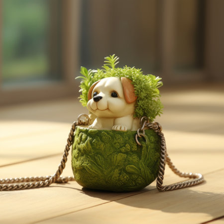 a charming dog planter, created by artist chunyin, is showcased in this captivating photo. the planter is beautifully presented in a woven bag, adding a touch of uniqueness. the artwork is inspired by the style of unreal engine 5, featuring charming anime characters. with a shallow depth of field, the green surroundings beautifully complement the charming illustrations. this 32k uhd photo is a contest winner,の素材