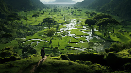 a man walks on lush green grass, gazing at majestic mountains in the style of steve, raphael lacoste, indonesian art, and kirsty mitchell. the photo captures the grandiose environment in high resolution, reminiscent of the konica auto s3. ai generatedの素材