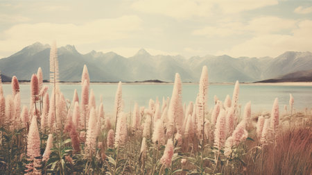 tall grasses stand in front of a picturesque blue lake and majestic mountains, captured in a vintage style with retro filters. the image showcases a blend of light pink and aquamarine hues, reminiscent of tongan art. nature motifs and flower elements add to the overall aesthetic, making it reminiscent of a national geographic vintage photograph. ai generatedの素材