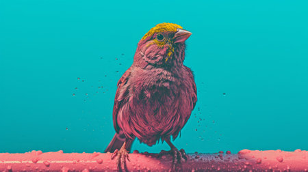 bird standing on pipe in dynamic color-field style. dark pink and yellow hues create a vibrant contrast. this hyper-detailed portrait, captured in 8k resolution, showcases the bird's realistic features. the photograph combines elements of celebrity photography, graffiti-inspired animals, and lush colors for a visually striking composition. ai generatedの素材