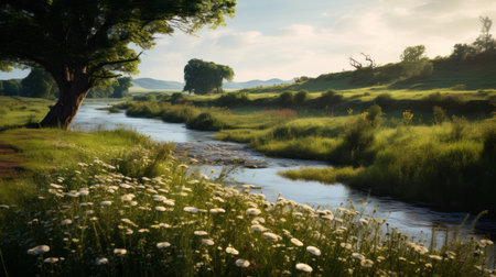 an ancient wooden bridge spans across an elegant valley, surrounded by white daisy flower beds. this photo showcases layered and atmospheric landscapes, with vray tracing enhancing the traditional british landscapes. the serene atmosphere captures the essence of nature, celebrating rural life through organic flowing forms. ai generatedの素材