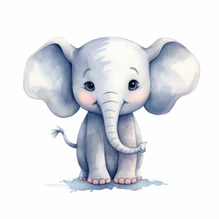 a baby watercolor elephant illustration, isolated in a vector format. this whimsical caricature-style artwork features a combination of dark white and light azure colors. the detailed character illustrations showcase a unique blend of traditional oil painting and kawaii street art. the high-resolution uhd image captures the charm and innocence of the adorable elephant. ai generatedの素材