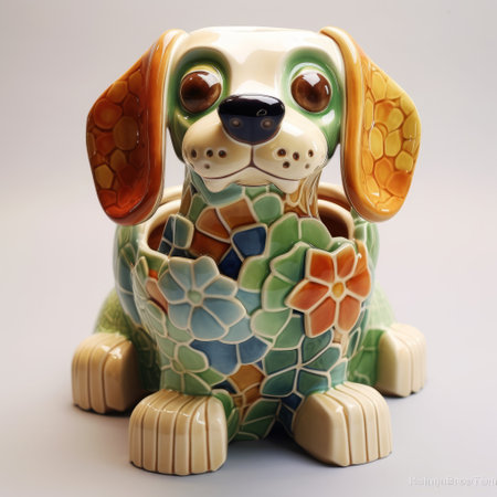 porcelain dachshund flower pot with a stunning glaze, inspired by the rollei retro 400s style. created using maya software, this unique piece features intricate mosaics and is showcased on sketchfab. captured beautifully with the samyang 14mm f28 if ed umc aspherical lens, the bright glazes and detailed character design make this flower pot a true work of art. ai generatedの素材