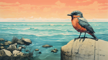 a bird perched on a rock near the sea is depicted in this limited edition lithography by peter j jones. the artwork, measuring 30x35, showcases the artist's unique style of sky-blue and orange, creating a detailed fantasy art piece. with hyper-realistic animal illustrations and a panoramic scale, this contemporary canadian artwork combines pixel art with realistic hyper-detail. ai generatedの素材