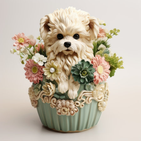 the figurine, created by artist mark arian, showcases a realistic animal portrait in a light beige and green color scheme. it is intricately textured and sits inside a pot surrounded by flowers. this adorable toy sculpture embodies the caninecore aesthetic, with its multilayered design and attention to detail. ai generatedの素材