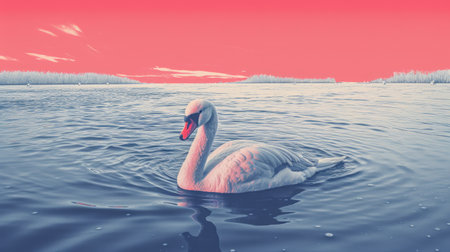 a white swan gracefully glides across the water, captured in a retro-filtered photograph. the light red and pink hues add a touch of nostalgia to the image, while the topographic photography technique brings out the realistic seascapes in the background. the split toning enhances the overall mood, and the bold chromaticity highlights the beauty of this characteristically elegant animal. ai generatedの素材