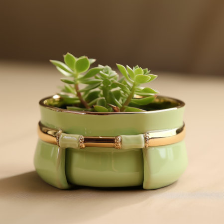 a green plant in a small wooden pot with gold plated clips, showcasing the unique style of cloisonnism. this multi-layered porcelain creation features subversive appropriation, blending light green and light gold hues. captured in a tondo format, the image was taken using a leica r3 camera. ai generatedの素材