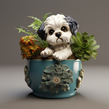 a photo of a cute small dog sitting next to a vase filled with green foliage. the image is created in the style of zbrush, using photo-realistic techniques to bring out the vibrant colors. the composition features a mix of dark, white, and blue tones, reminiscent of persian miniature art. this object portraiture specialist has skillfully utilized unreal engine 5 to create a visually stunningの素材