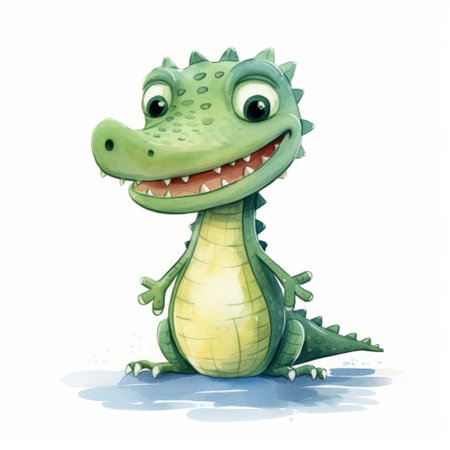 a cute green alligator sits on the water, showcasing a watercolor illustration style with jagged edges. the inventive character designs make it perfect for children's book illustrations. this uhd image captures the lively facial expressions of the alligator. it would also be a great choice for murals and wall drawings. ai generatedの素材