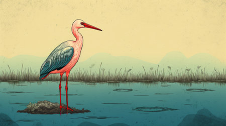 a bird standing in water near water, depicted in a style reminiscent of editorial illustrations. the image showcases light red and blue tones, offering a romanticized portrayal of the wilderness. the rough-edged 2d animation and linear illustrations create a digitally enhanced effect. overall, the picture presents simple yet colorful illustrations. ai generatedの素材