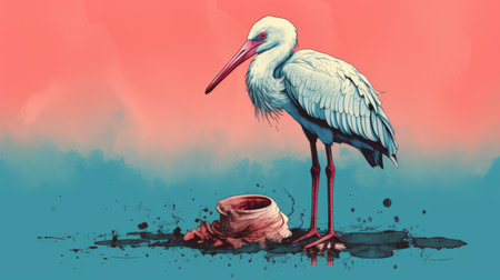 a cute white bird stands next to waste on the beach, resembling a surrealistic horror painting. the bird is depicted in light red and dark azure colors, with hyper-detailed illustrations. the scene is reminiscent of melting pots and colorful moebius artwork. this unique composition combines elements of duckcore and features minimal retouching. ai generatedの素材