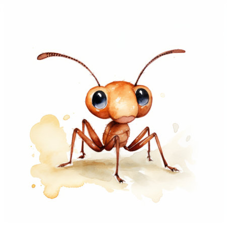 a little ant is depicted in this image, set against a white background. the artwork is created in the style of emotive watercolors, featuring a humorous caricature of the ant. the color palette consists of light red and dark amber tones, reminiscent of the artist craola's work. the image showcases highly realistic details, with stainswashes adding depth and texture. the overall aesthetic is influenced byの素材