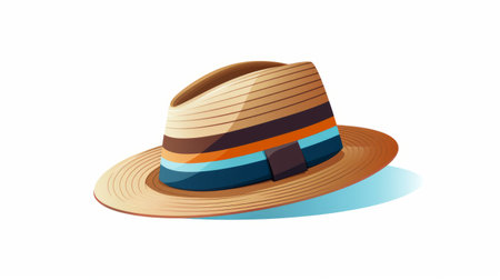 a tropical hat, isolated on a white background, featuring a vibrant combination of light brown and dark azure colors. the hat showcases dynamic lines and colorful cartoon elements, with horizontal stripes adding a playful touch. it seamlessly merges natural and man-made elements, incorporating subtle gradients in dark amber and sky-blue shades. ai generatedの素材