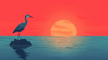 a majestic bird perched on a rock, silhouetted against a breathtaking sunset. this artwork combines elements of realistic bird paintings, pop art flat colors, and realistic seascapes. the vibrant red and azure hues create a striking contrast against the minimalist background, while the hyper-detailed depiction adds a touch of realism. the exotic landscape adds an element of intrigue to this captivating image. ai generatedの素材