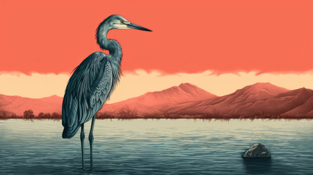 blue heron standing near water and mountains, depicted in a hyper-detailed illustration style. the light red and dark gray tones create a captivating environmental portrait. the composition showcases horizons and utilizes holotone printing, reminiscent of historical illustrations. the vibrant and saturated color field adds depth to the image. ai generatedの素材