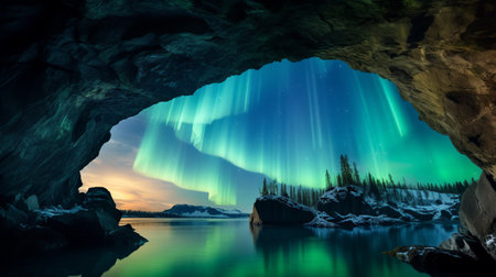 aurora boreal lights illuminate a cave in canada, creating a mesmerizing naturalistic landscape. the light gray and emerald hues blend with reflections, resulting in richly colored skies. the captivating optical illusions of this panorama are enhanced by the dark cyan and emerald tones. ai generatedの素材