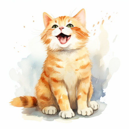 an orange cartoon kitten with a big smile is surrounded by other cartoon cats, all looking funny and cute. the artwork is done in the style of realistic watercolor paintings, with vibrant colors of light yellow and red. the illustration has an aggressive digital illustration feel, resembling realistic oil paintings. this joyful celebration of nature is an award-winning piece. ai generatedの素材