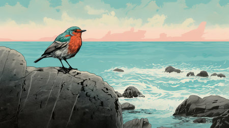 a bird perched on a cliff underwater, depicted in the vibrant style of a vivid comic book artist. the image showcases a combination of light red and teal colors, with intricate illustrations. this stunning artwork, rendered in 8k resolution, captivates with its bold and cartoonish lithographs, and bold chromaticity. ai generatedの素材