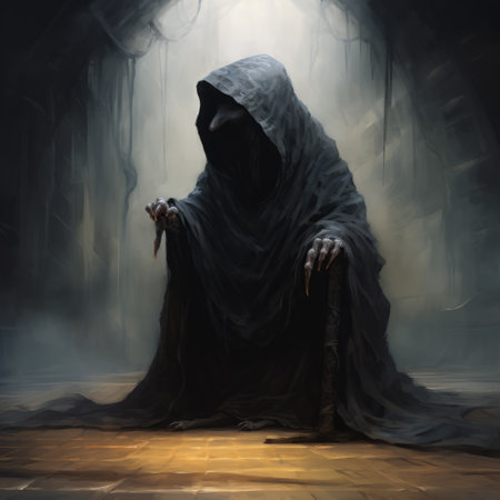 the grim reaper, depicted in a creepy and horror-themed wallpaper, is captured in the style of traditional oil-painting techniques by artist olivier valsecchi. the dark gray background enhances the eerie atmosphere, while the isolated figures of the grim reaper add to the haunting effect. this artwork, created by wendy froud and rhads, showcases a slumped and draped grim reaper. ai generatedの素材