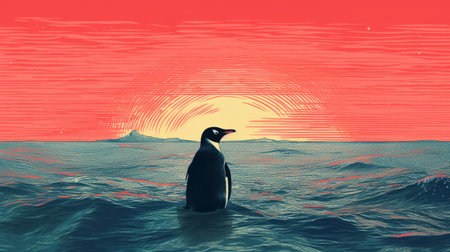 a penguin gracefully glides through the crystal-clear blue ocean, surrounded by the mesmerizing beauty of a tonalist seascape. this hyperrealistic illustration, inspired by the style of butcher billy, showcases intricate psychedelic landscapes in ultra hd. the composition is adorned with a captivating blend of light red and black tones, enhanced by a touch of solarization. ai generatedの素材
