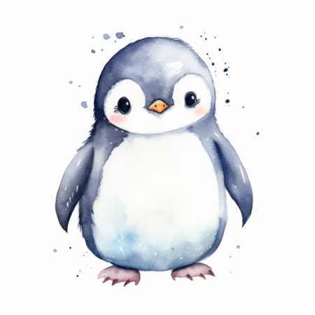 a little penguin perched on a white background, portrayed in the style of an aquarellist. the image features light indigo and silver tones, creating a soft and dreamy atmosphere. the depiction is characterized by delicate drips and splatters, showcasing fine and detailed artistry. the penguin's appearance is cute and quirky, adding a touch of whimsy to the overall composition. ai generatedの素材