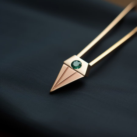 gold key ring with a cutout triangle and emerald, inspired by the style of ekaterina panikanova. delicate lines and a focus on materials make this piece reminiscent of mat collishaw's work. captured with a nikon d750, this photo showcases the intricate design, combining influences from wifredo lam and danish design. ai generatedの素材