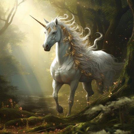 a majestic unicorn with long flowing hair walks gracefully beside a tree, surrounded by a dark white and light gold color palette. the highly realistic depiction showcases intricate character design, while sunrays illuminate its enchanting presence. this fawncore-inspired image highlights the naturalistic portrayal of flora and fauna, with photorealistic renderings that captivate the viewer. ai generatedの素材