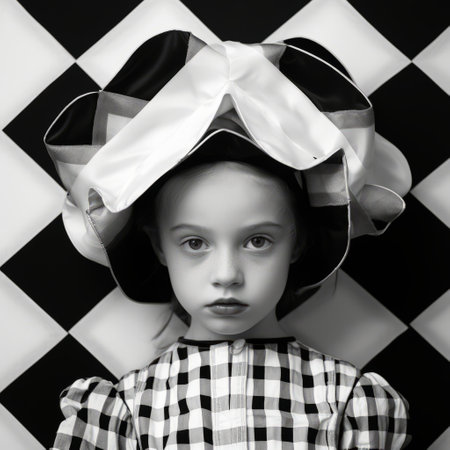 a little girl wearing a checkered dress stands out in this black and white photo. the surrealist pop art style adds a unique twist to the renaissance-inspired composition. this captivating image, reminiscent of national geographic's winning contest entries, showcases traditional costumes. shot on kodak ektar 100 film, the photo's dynamic symmetry enhances its visual impact. ai generatedの素材
