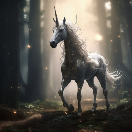 a majestic unicorn gracefully traverses through a mystical forest, surrounded by bolts of lightning. this artwork by wlad safronow showcases a captivating blend of dark silver and light gold tones, creating a realistic depiction of light and shadow. with its chilling and baroque aesthetic, this high-resolution image captures the enchanting beauty of mythical creatures. ai generatedの素材