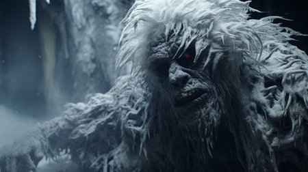 the frozen terror with white hair and eyes is depicted in this highly detailed image. rendered in cinema4d with the tokina at-x 11-16mm f/2.8 pro dx ii lens, the image showcases a manticore in a dark navy and white color scheme. the natural fibers and energy-filled illustrations create a captivating and immersive environment. ai generatedの素材