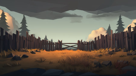 a road winds through a picturesque landscape, adorned with rebar and a fence. this 2d game art style captures the essence of a low poly, romanticized depiction of wilderness. the artwork showcases subtle tonal values, richly colored skies, and concise brushwork techniques. the inclusion of wood elements adds a touch of rustic charm to the scene. ai generatedの素材