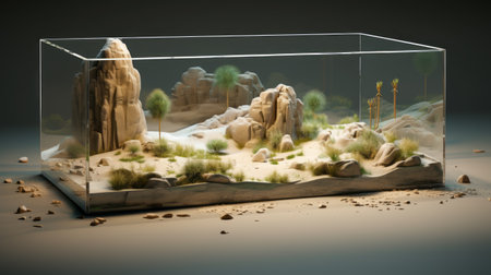 3d scenery featuring a desert rocks rock scene by sehka. this artwork showcases the use of glass as a material, with interactive exhibits and a subtle play of light and shadow. inspired by nature, it combines elements of urban grittiness and the beauty of maquette. konica big mini camera was used to capture this stunning piece. ai generatedの素材