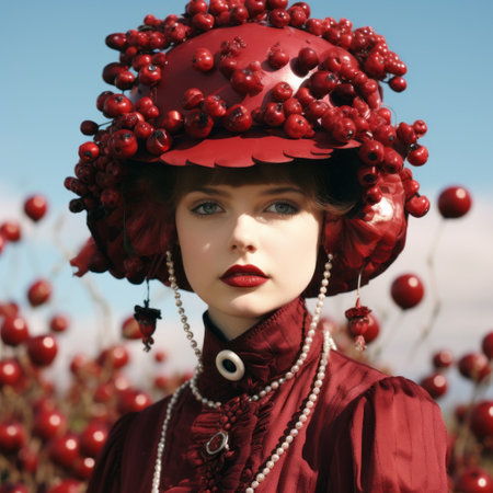 an older woman wearing a red hat stands in a fruit field, showcasing a futuristic victorian style. the hat is made of rubber and cranberrycore, adorned with intricate embellishments and porcelain details. the close-up shot highlights the monochromatic color schemes, creating a visually captivating image. ai generatedの素材