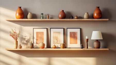 wooden shelves adorned with a collection of dark orange and beige wooden vases. the vases feature realistic watercolor paintings, creating an atmospheric play of light and shadow. textural prints in light brown and amber hues add depth to the tabletop photography. the organic designs bring a touch of nature indoors. ai generatedの素材