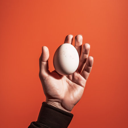 a woman's hand holds an egg against an orange background, capturing the minimalist and monochromatic style of dimitry roulland. the pseudo-infrared effect adds an industrial and product design aesthetic to the image. shot on 70mm, this dynamic balance of elements showcases the unique duckcore concept. ai generatedの素材