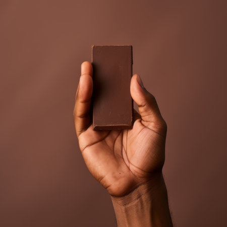 a man's hand showcasing chocolate bars against a minimalist brown background. this photo captures an afro-caribbean influence with its unpolished authenticity. shot on 70mm, the image features blocky, bold, and angular elements, enhanced by post-processing techniques. ai generatedの素材