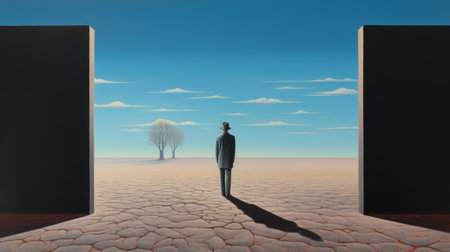 large doors stand amidst a serene landscape, enveloped by lush trees. inside, a man is captured, adding an intriguing element to this surreal and dreamlike scene. the composition showcases precise perspective and a flattened perspective, reminiscent of colorfield painting. with its 8k resolution, the image beautifully captures the sky-blue and brown tones of this desolate yet captivating environment. ai generatedの素材