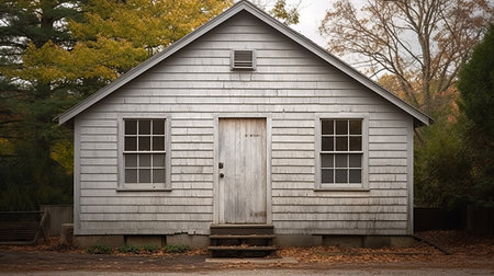 an isolated white, gray, and wooden building stands amidst a serene forest, exuding a vintage charm with its soft, muted tones. the simple yet impressionistic details of this structure evoke the essence of american regionalism. the minimalist staging of the scene adds to its appeal, creating a captivating ambiance reminiscent of a writer's academia. ai generatedの素材