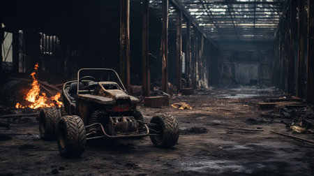 a red toy car, trapped in a burning warehouse, creates a haunting and atmospheric scene. the post-apocalyptic backdrop, captured with the tokina at-x 11-16mm f/2.8 pro dx ii lens, adds a moody touch to the image. the high-quality photo showcases the creased and distressed surroundings, while the rtx and duckcore elements enhance the overall aesthetic. ai generatedの素材