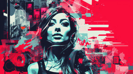 the girl in black, red, and blue is captured in a pop-art inspired graphic design photo. she appears to be immersed in music, showcasing a multilayered texture. the use of kodak elite chrome extra color film enhances the vibrant city portraits. the image is reminiscent of spray-paint based art and cross processing techniques, resembling a fashionable illustration. ai generatedの素材